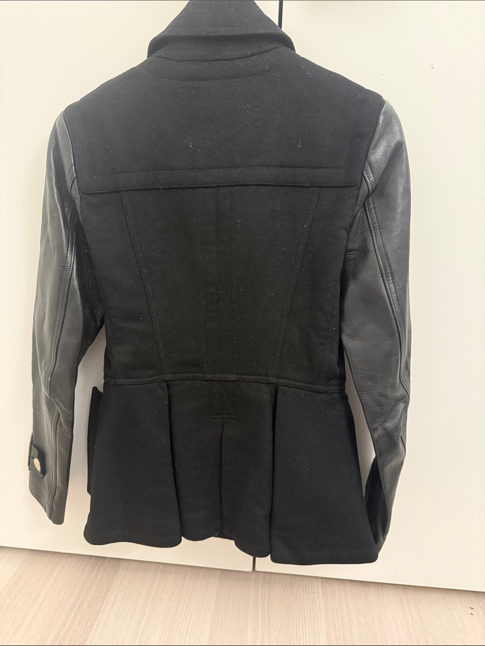 Burberry Black Wool Pea Coat with Leather Sleeves - Picture 2 of 4